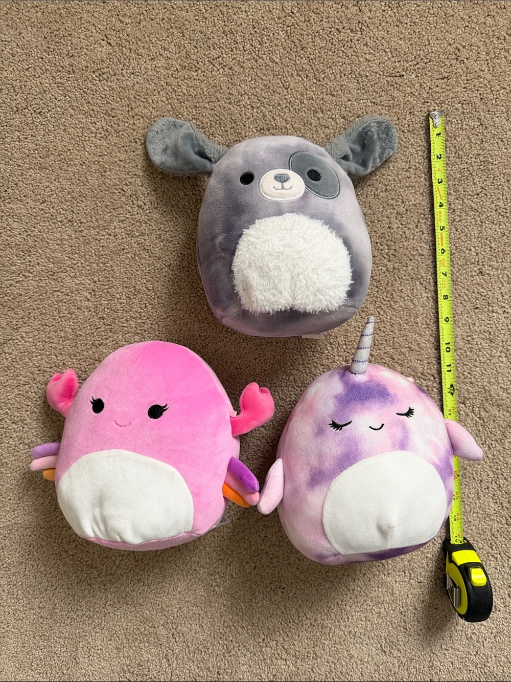 Squishmallows Lot of 3 Pink Crab, Purple Tie-Dye Unicorn & Gray Bunny Plush Set